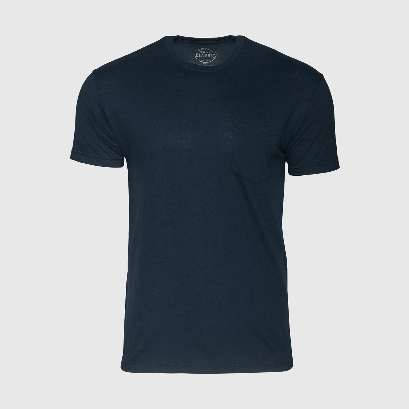 Navy Pocket Crew Tee with short sleeves and left chest pocket.