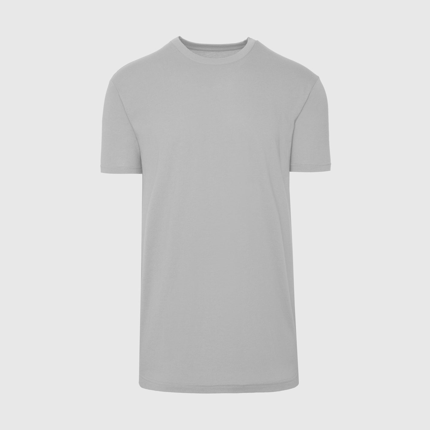 Iron Gray Tall Round Hem Crew Neck T-Shirt on gray background.