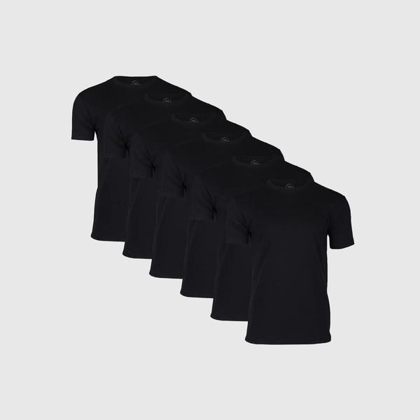 A pack of six black classic crew neck t-shirts displayed in a row.