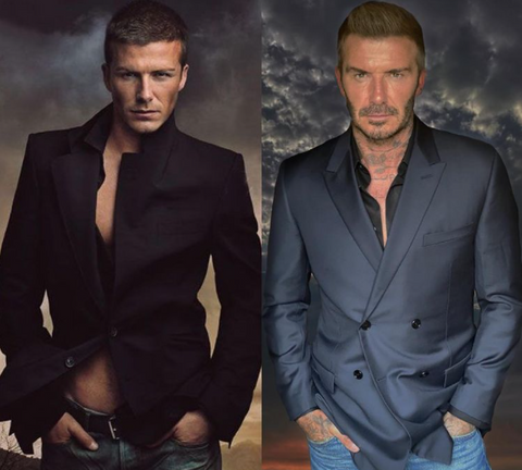 Diptych of David Beckham wearing fitted suits