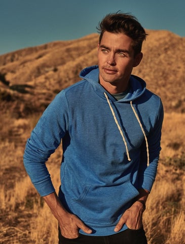 Man wearing blue pullover hoodie
