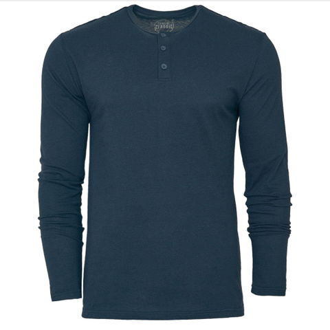 A True Classic dark blue Henley shirt.